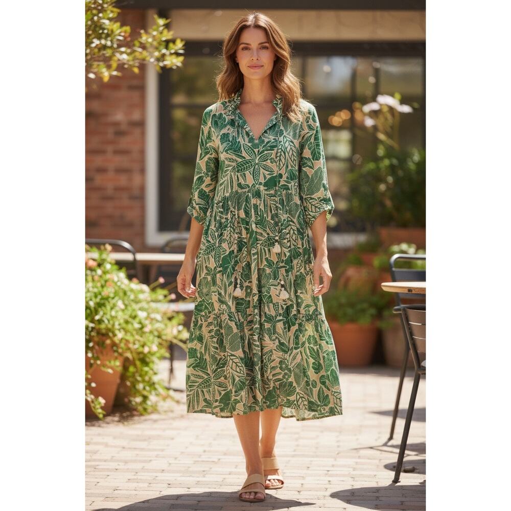 $160 New O.P.T green & tan linen blend dress floral sz Small midi long sleeve - Picture 1 of 5